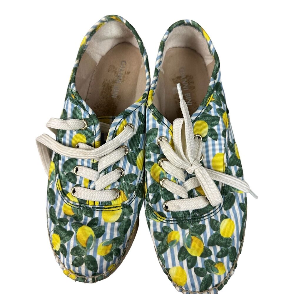 Gianni Bini Espadrille Sneakers Womens 8.5 Blue‎ White Lemon Print Striped Good